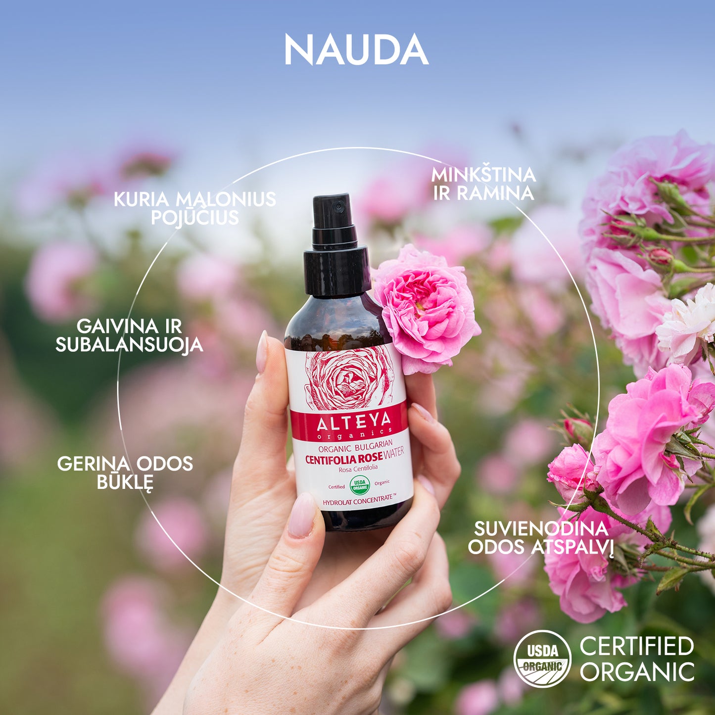 Ekologiškas šimtalapių rožių vanduo Rosa Centifolia, Alteya Organics, 60 ml