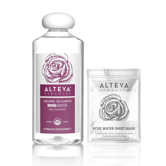 Ekologiško rožių vandens (500 ml) ir celiuliozinių veido kaukių rinkinys